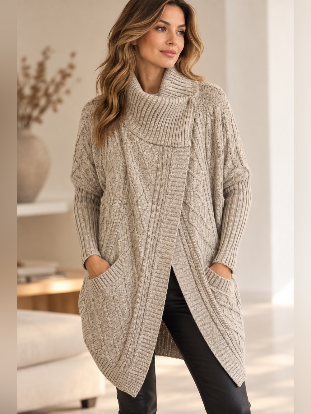 Joseph Ribkoff Oatmeal Cable Knit Cardigan Size Medium